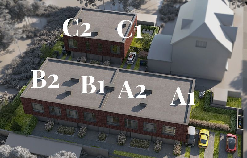 Widok z góry na budynek, z podziałem na lokale